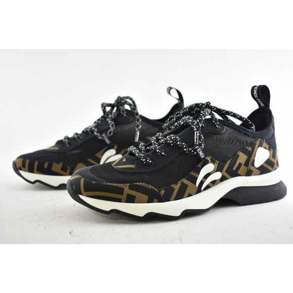 Fendi Freedom Logo Black Brown White FF Zucca Low Top Tie Trainer Sneaker 36.5 - Picture 9 of 11